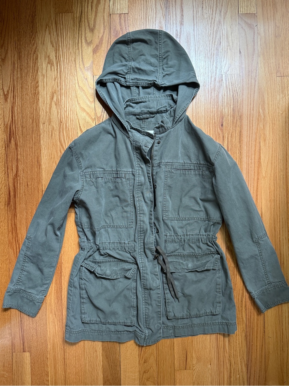 Olive Green Utility Jacket Chore Coat with Hood and Drawstring, Women’s Medium
